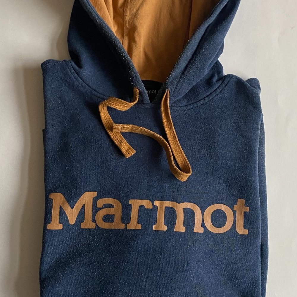 Marmot Logo Hoody Fleece Pullover Hoodie Sweatshirt Varsity Blue Heather L - Picture 1 of 4